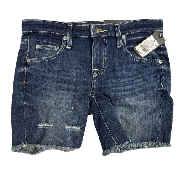 Mossimo Womens Shorts Sz 00 Boyfriend Raw Hem Dark Blue Denim Low Rise Destroyed - Picture 1 of 9